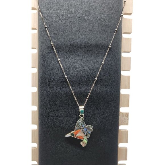 950 Fine Silver Channel Inlay Hummingbird Pendant Necklace 18" 925 Chain… - Picture 2 of 14